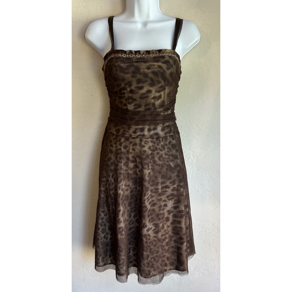 Vintage Y2K Heart Moon Star Leopard Print Brown Mesh Dress S Fairy Grunge Party